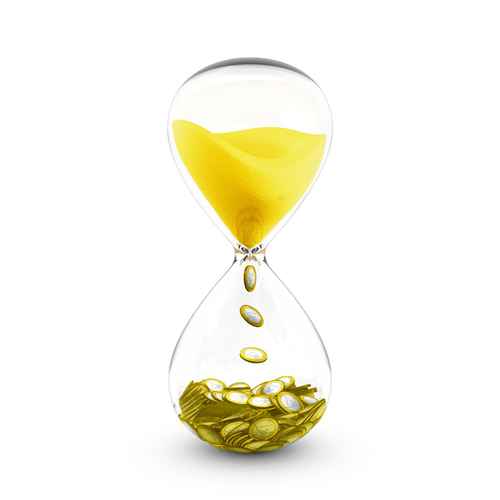 Time is money concept. Hourglass that transforms time to coins.